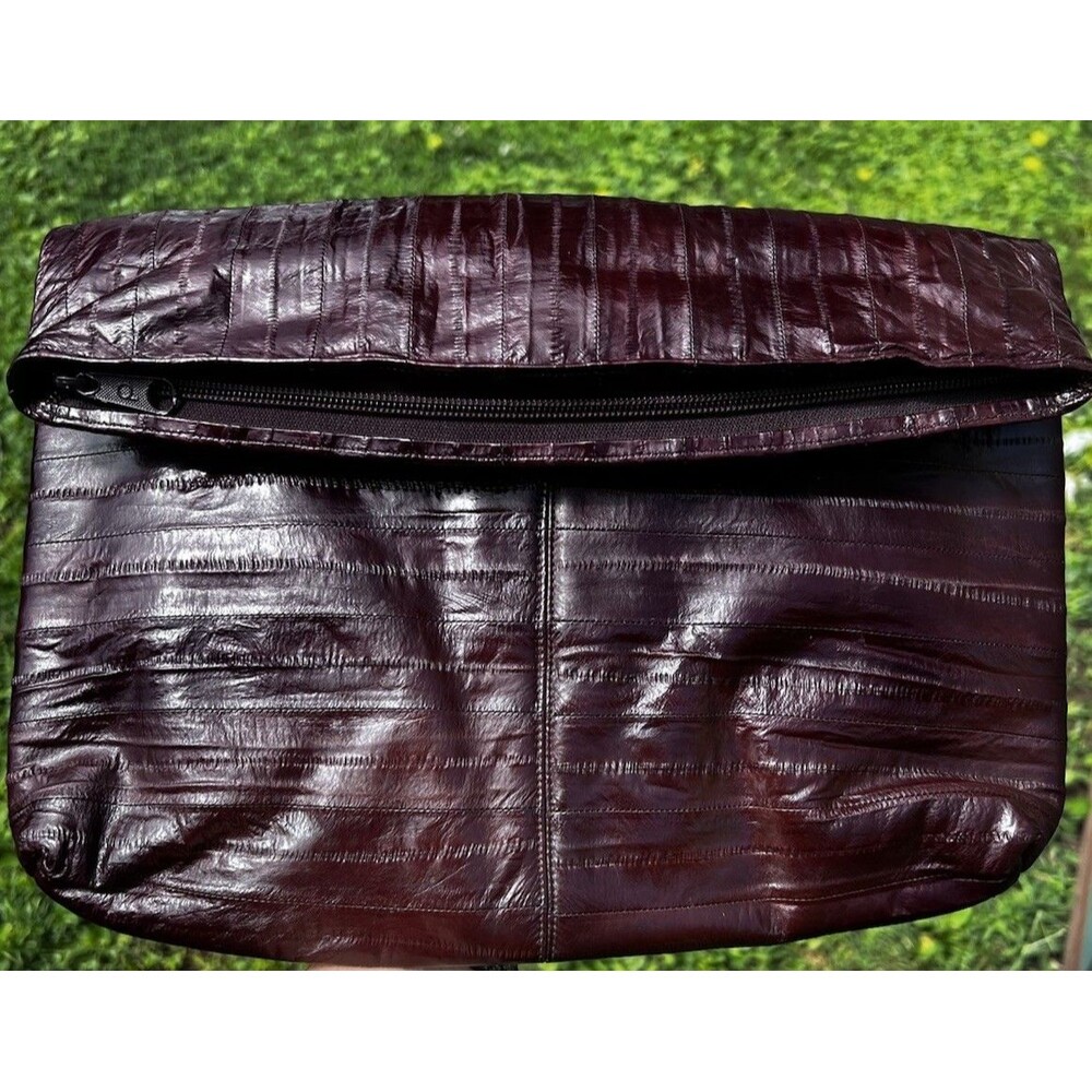 Vintage Genuine Eel Skin Foldover Clutch Purse Burgundy Oxblood Made in Korea